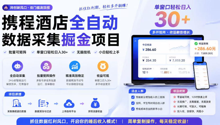 携程酒店采集挂G项目，批量可矩阵，单机轻松日入300+，开启你的睡后收入模式!【揭秘】-旺仔资源库