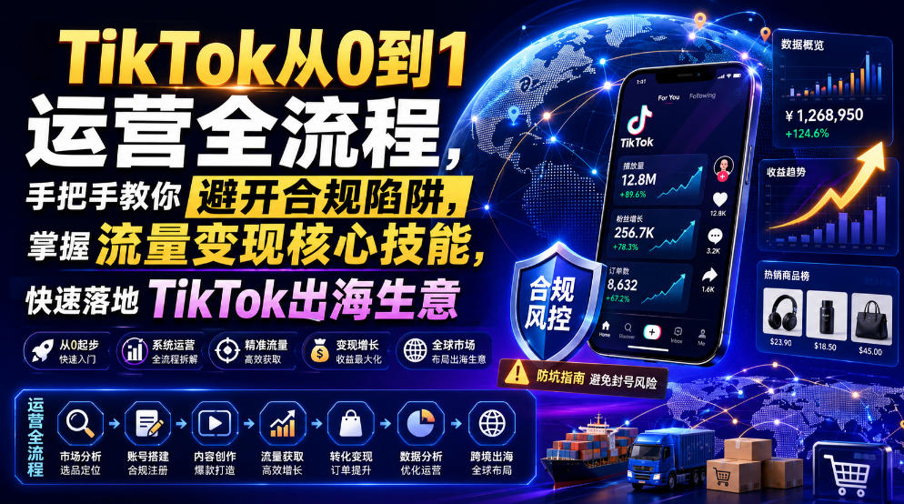 TikTok从0到1运营全流程,手把手教你避开合规陷阱,掌握流量变现核心技能,快速落地TikTok出海生意(更新8月)