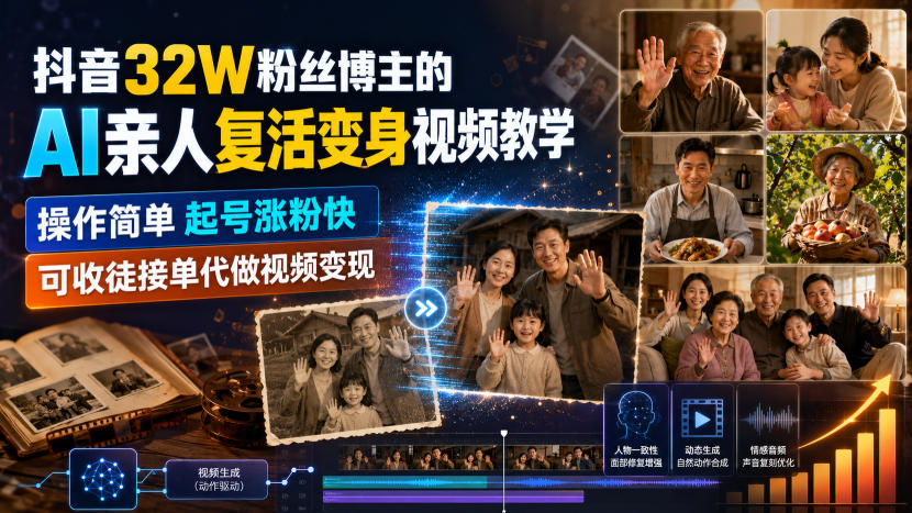 抖音32W粉丝博主的AI亲人复活变身视频教学,操作简单,起号涨粉快,可收徒接单代做视频变现-我爱发帖