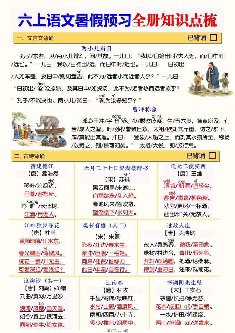 六上语文暑假预习全册知识点梳理｜焦圣希 18818568866