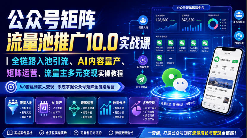 公众号矩阵流量池推广10.0实战课|全链路入池引流、AI内容量产、矩阵运营、流量主多元变现实操教程-我爱发帖