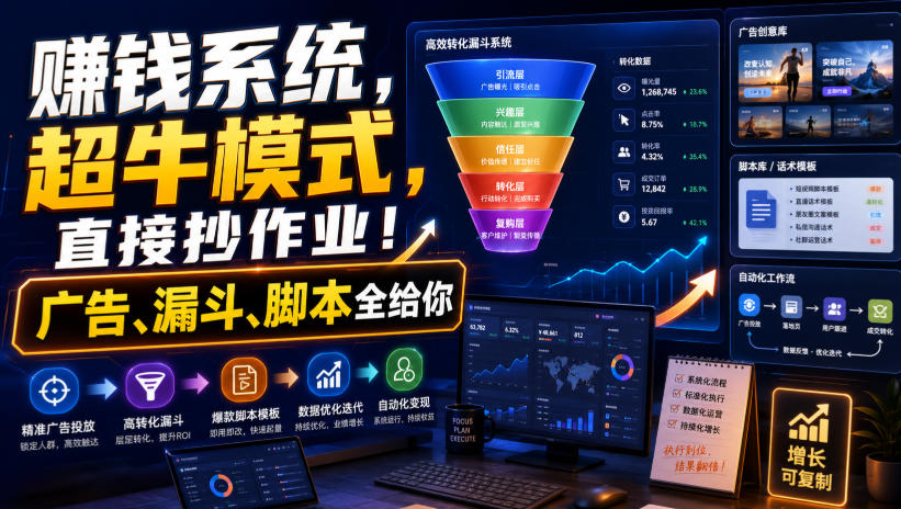 賺钱系统，超牛模式，直接抄作业！广告、漏斗、脚本全给你【原创双语字幕】汇通分享-分享轻创项目-网络创业-项目实操-兼职-网赚-副业-抖音-快手-小红书-闲鱼-视频号-直播-短视频-中视频-带货-短剧-游戏搬砖-引流等教程课程分享汇通分享