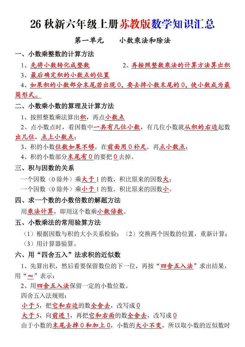 26秋新六上苏教版数学知识汇总_｜焦圣希 18818568866