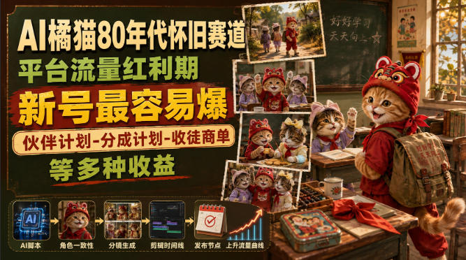 AI橘猫80年代怀旧赛道,平台流量红利期,新号最容易爆,伙伴计划-分成计划-收徒商单等多种收益-旺仔资源库