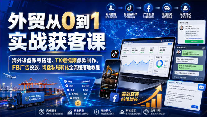 外贸从0到1实战获客课｜海外设备账号搭建、TK短视频爆款制作、FB广告投放、询盘私域转化全流程落地教程-皮皮网创