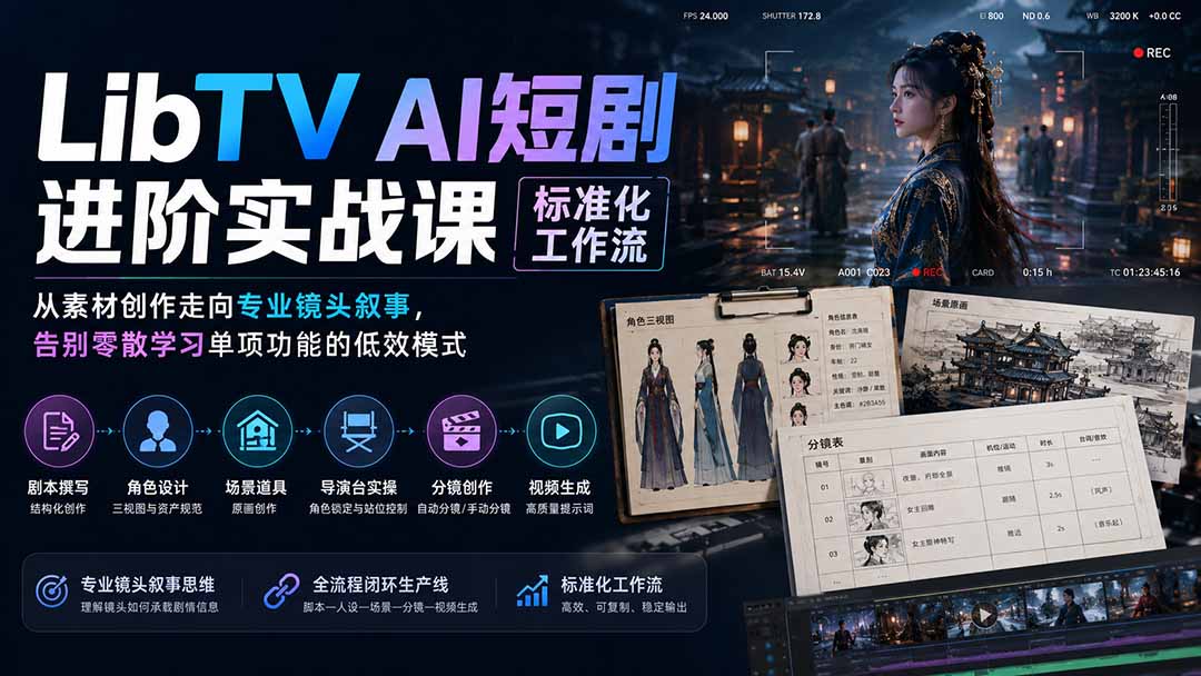 LibTV AI短剧进阶实操课标准化工作流;从素材创作走向专业镜头叙事,告别零散学习单项功能的低效模式-小红泡