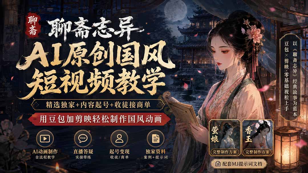 聊斋志异AI原创国风短视频教学;精选独家+内容起号+收徒接商单,用豆包加剪映轻松制作国风动画-我爱发帖