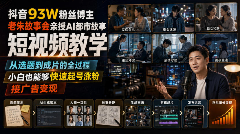 抖音93W粉丝博主老朱故事会亲授AI都市故事短视频教学,从选题到成片的全过程,小白也能够快速起号涨粉接广告变现-我爱发帖