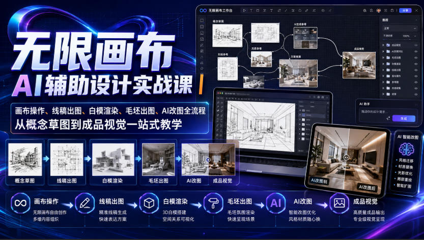 无限画布AI辅助设计实战课|画布操作、线稿出图、白模渲染、毛坯出图、AI改图全流程,从概念草图到成品视觉一站式教学-旺仔资源库