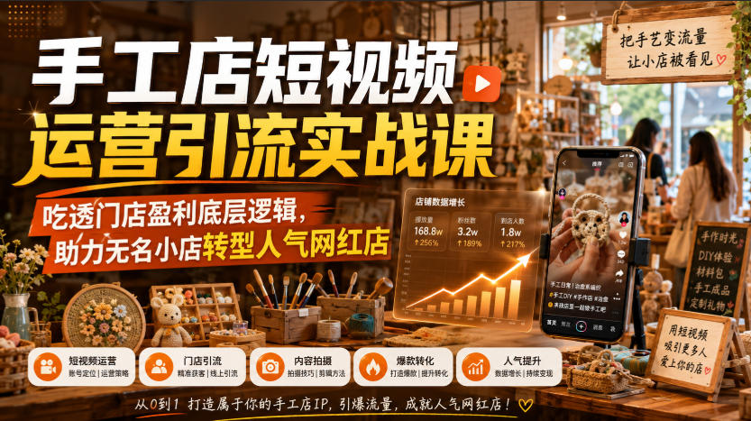 手工店短视频运营引流实战课,吃透门店盈利底层逻辑,助力无名小店转型人气网红店采购|汽车产业|汽车配件|机加工企业家交流社群中心
