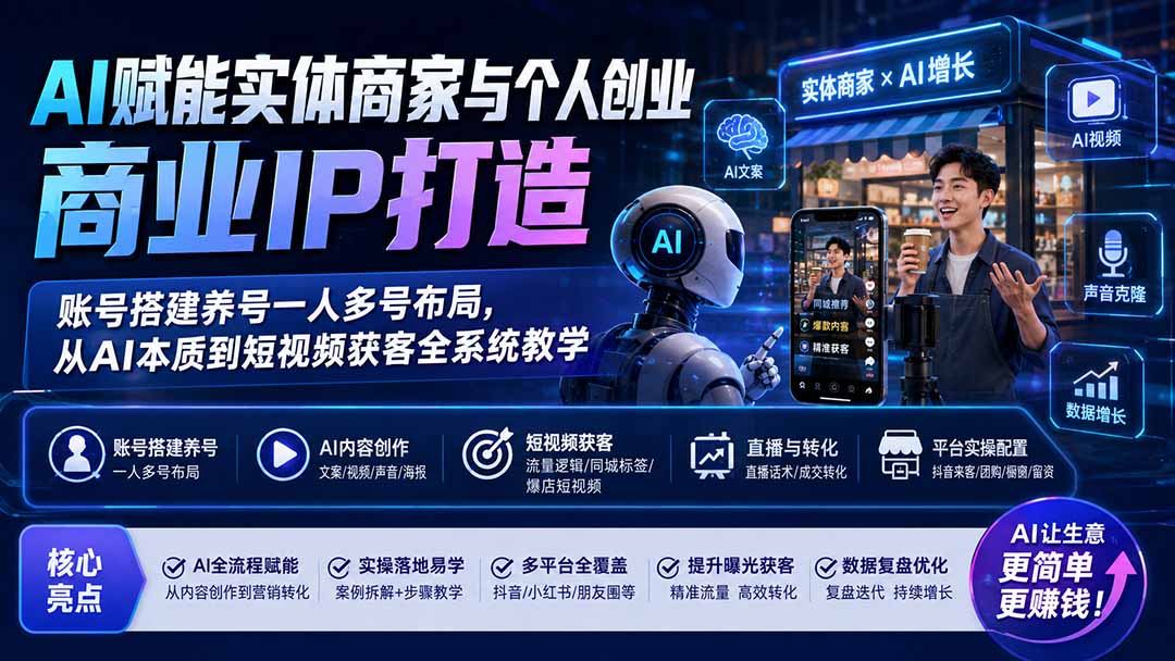 AI赋能实体商家与个人创业商业IP打造；账号搭建养号一人多号布局，从AI本质到短视频获客全系统教学-皮皮网创