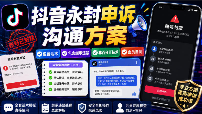 抖音永封申诉沟通方案,包含话术,包含继承违禁,非百分百技术,会员自测采购|汽车产业|汽车配件|机加工企业家交流社群中心