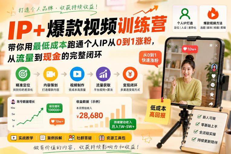 IP+爆款视频训练营，带你用最低成本跑通个人IP从0到1涨粉，从流量到现金的完整闭环｜焦圣希 18818568866