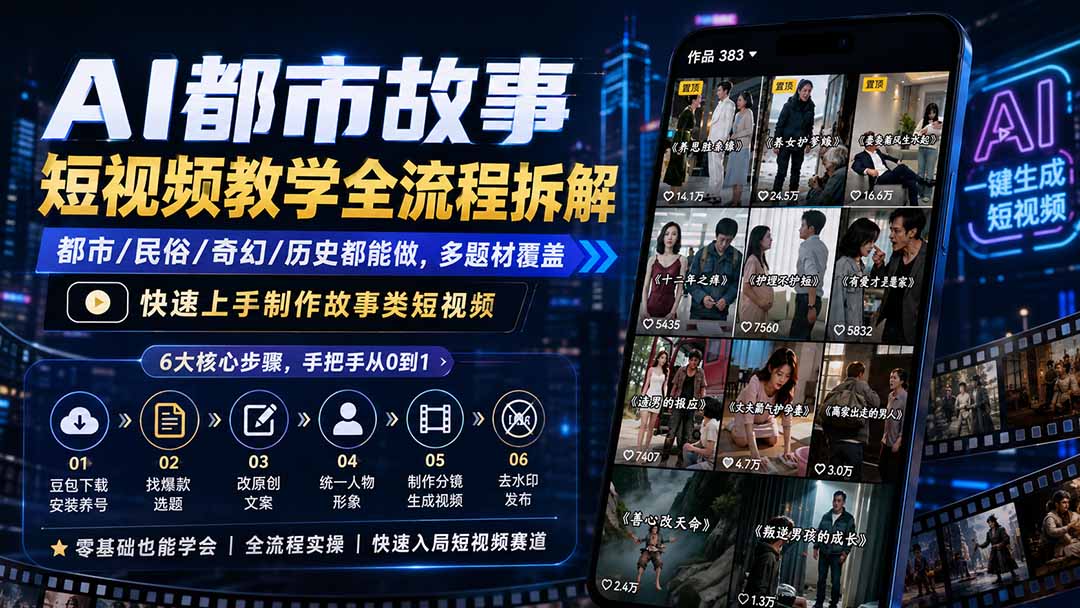 AI都市故事短视频教学全流程拆解;都市/民俗/奇幻/历史都能做多题材覆盖,快速上手制作故事类短视频-皮皮网创
