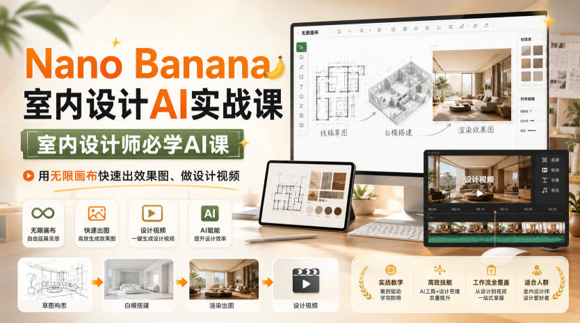 Nano Banana室内设计AI实战课,室内设计师必学AI课,用无限画布快速出效果图、做设计视频-旺仔资源库