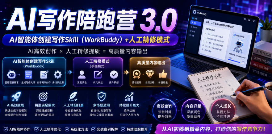 AI写作陪跑营3.0,Ai智能体创建写作skill(workbuddy)+人工手写模式(手搓模式),去除AI痕迹(头条号、公众号、百家号)(更新0814)-皮皮网创