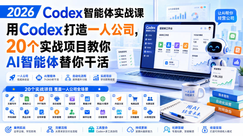 2026 Codex智能体实战课,用Codex打造一人公司,20个实战项目教你AI智能体替你干活-旺仔资源库