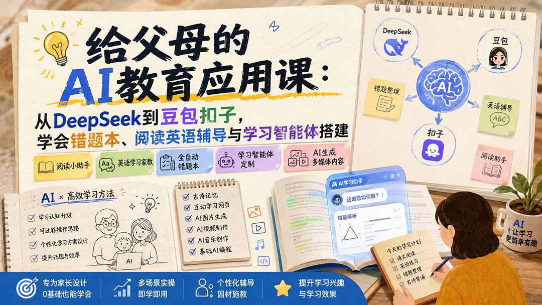 给父母的AI教育应用课:从DeepSeek到豆包扣子,学会错题本、阅读英语辅导与学习智能体搭建-旺仔资源库