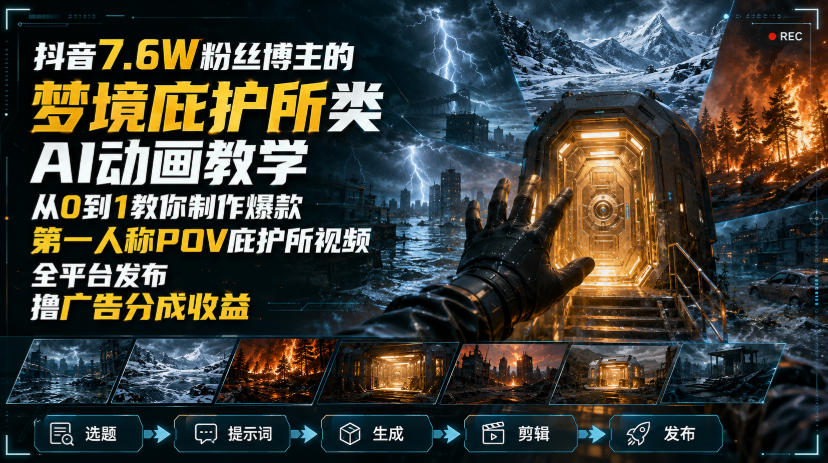 抖音7.6W粉丝博主的梦境庇护所类AI动画教学，从0到1教你制作爆款第一人称POV庇护所视频，全平台发布撸广告分成收益｜焦圣希 18818568866
