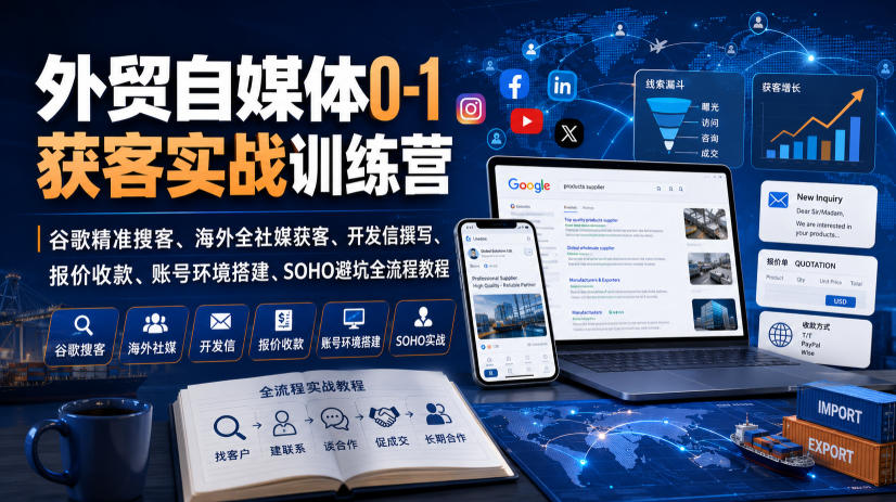 外贸自媒体0-1获客实战训练营|谷歌精准搜客、海外全社媒获客、开发信撰写、报价收款、账号环境搭建、SOHO避坑全流程教程(更新)-旺仔资源库