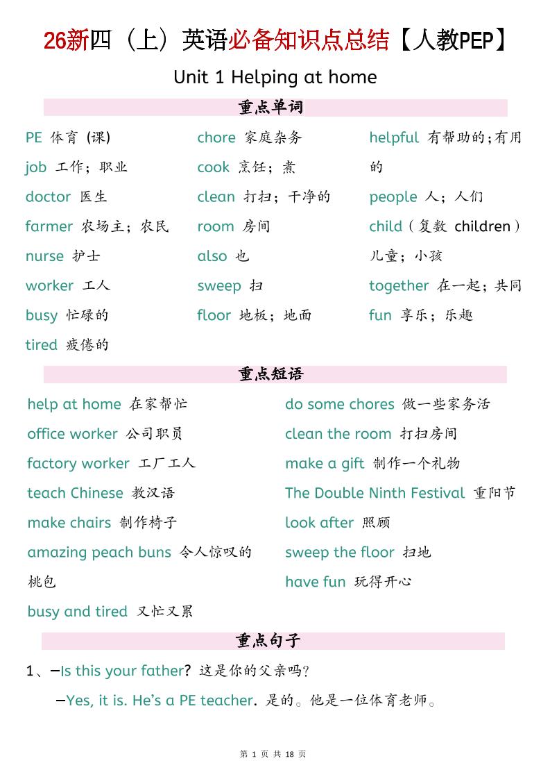 26新四上英语必背知识点总结《人教PEP版》