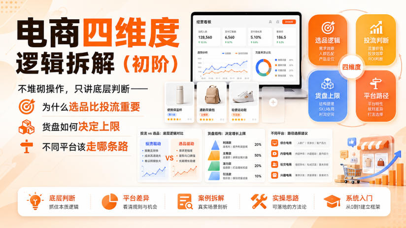 电商四维度逻辑拆解(初阶)不堆砌操作，只讲底层判断——为什么选品比投流重要、货盘如何决定上限、不同平台该走哪条路-旺仔资源库