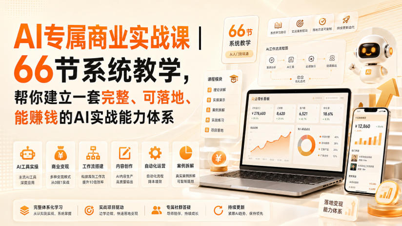 AI专属商业实战课|66节系统教学,帮你建立一套完整、可落地、能賺钱的AI实战能力体系