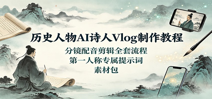 历史人物AI诗人Vlog制作教程:分镜配音剪辑全套流程,第一人称专属提示词素材包-皮皮网创