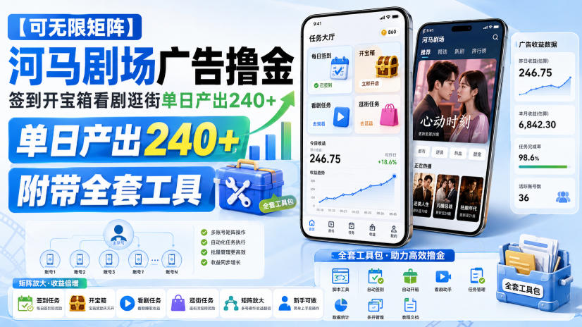 【可无限矩阵】河马剧场广告撸金，签到开宝箱看剧逛街单日产出240+，附带全套工具【揭秘】-旺仔资源库