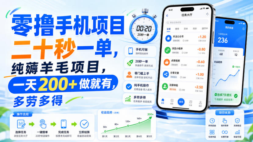 零撸手机项目,二十秒一单,纯薅羊毛项目,一天200+做就有,多劳多得【揭秘】-旺仔资源库