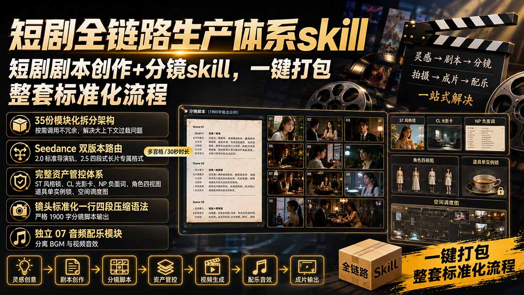 短剧全链路生产体系skill,短剧剧本创作+分镜skill,一键打包,整套标准化流程-旺仔资源库