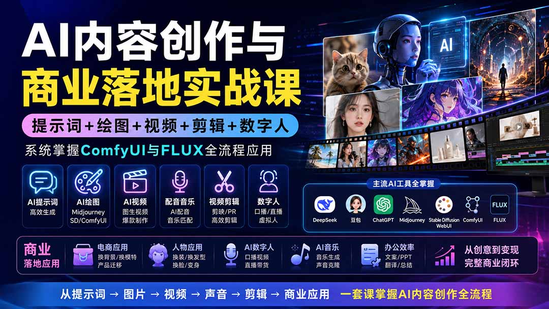 AI内容创作与商业落地实战课:提示词+绘图+视频+剪辑+数字人,系统掌握ComfyUI与FLUX全流程应用-旺仔资源库