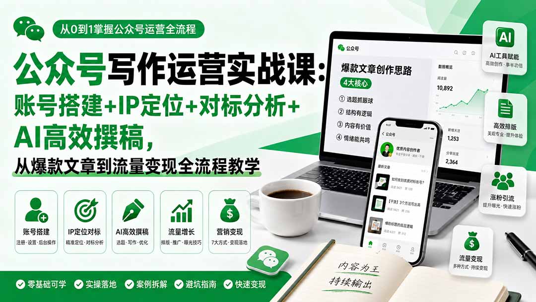 公众号写作运营实战课:账号搭建+IP定位+对标分析+AI高效撰稿,从爆款文章到流量变现全流程教学-旺仔资源库
