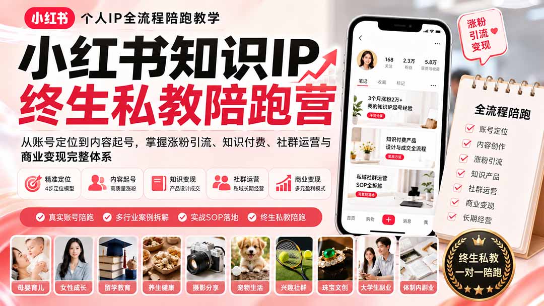 小红书知识IP终生私教陪跑营:从账号定位到内容起号,掌握涨粉引流、知识付费、社群运营与商业变现完整体系-旺仔资源库