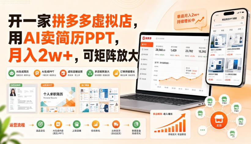 开一家拼多多虚拟店,用AI卖简历PPT,月入2w+,可矩阵放大【揭秘】-旺仔资源库