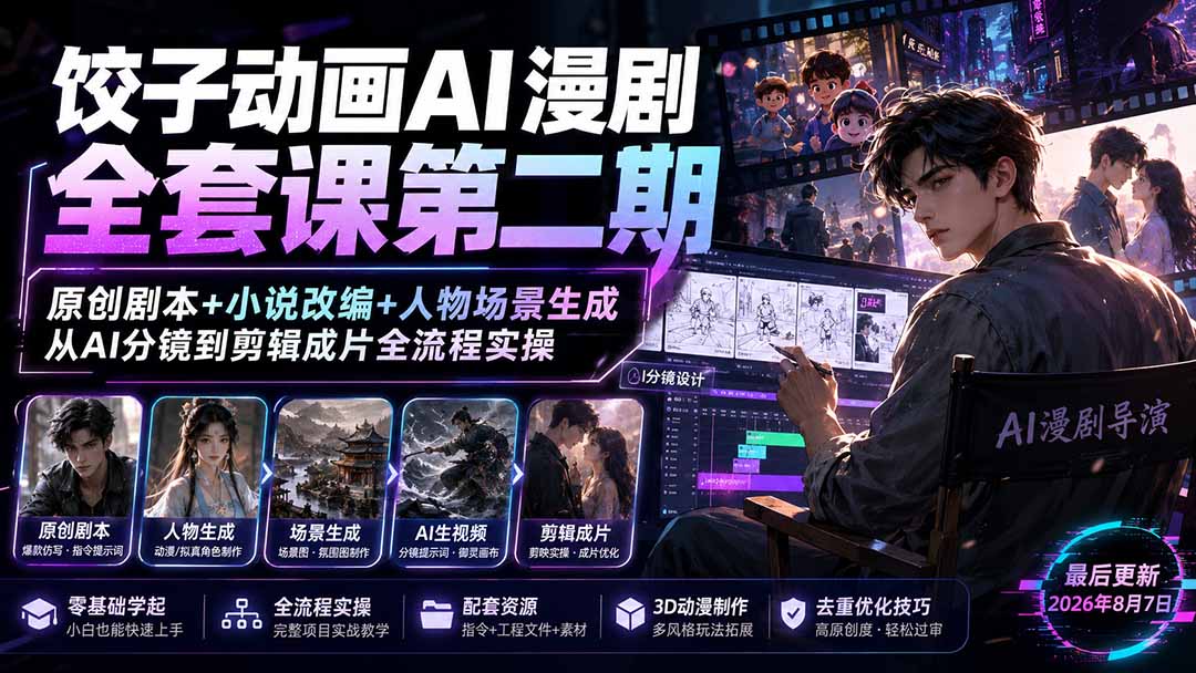 饺子动画AI漫剧全套课第二期:原创剧本+小说改编+人物场景生成,从AI分镜到剪辑成片全流程实操-旺仔资源库