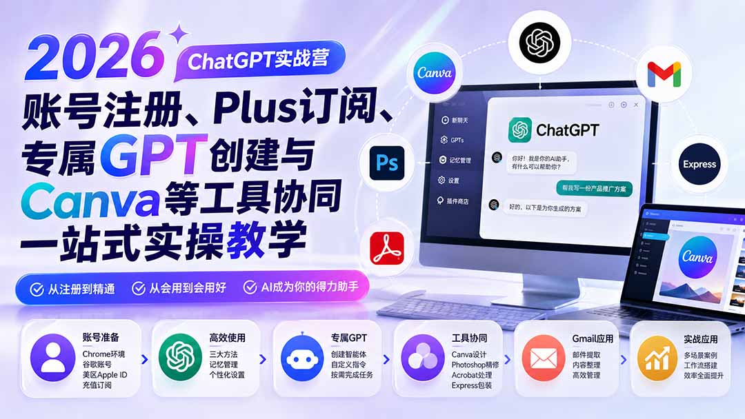 2026 ChatGPT实战营；账号注册、Plus订阅、专属GPT创建与Canva等工具协同一站式实操教学-旺仔资源库