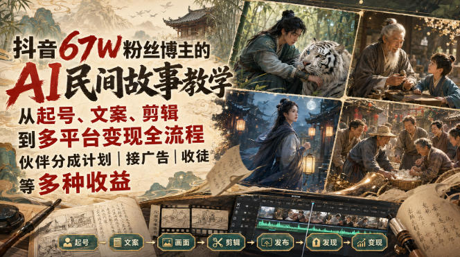 抖音67W粉丝博主的AI民间故事教学,从起号、文案、剪辑到多平台变现全流程,伙伴分成计划接广告等多种收益,月入1W+
