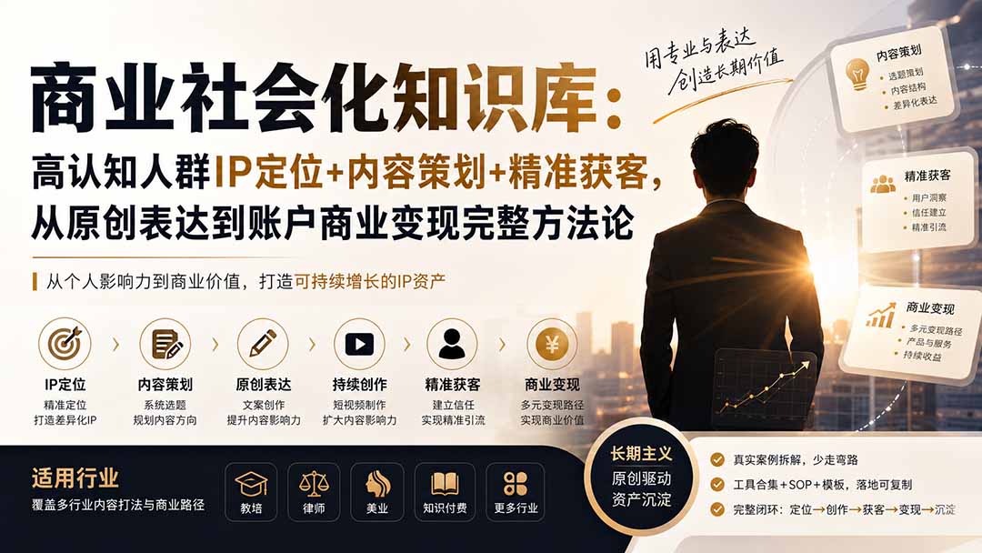 商业社会化知识库：高认知人群IP定位+内容策划+精准获客，从原创表达到账户商业变现完整方法论-皮皮网创