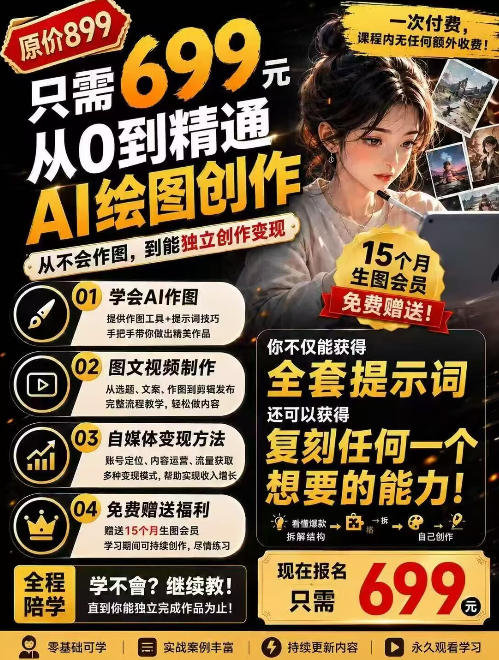 抖音10W粉丝博主的AI绘图教学，从0到精通AI绘图创作，从不会作图到能独立创作变现-旺仔资源库