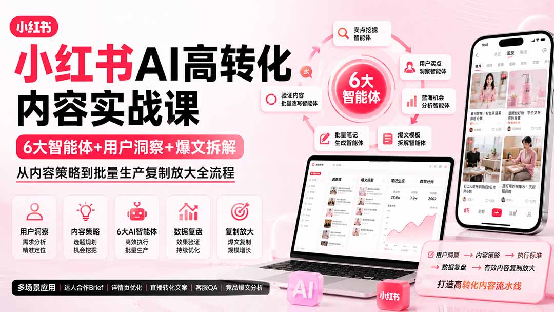 小红书AI高转化内容实战课:6大智能体+用户洞察+爆文拆解,从内容策略到批量生产复制放大全流程-皮皮网创