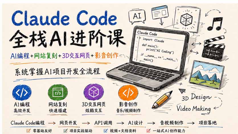 Claude Code全栈AI进阶课；AI编程+网站复刻+3D交互网页+影音创作，系统掌握AI项目开发全流程