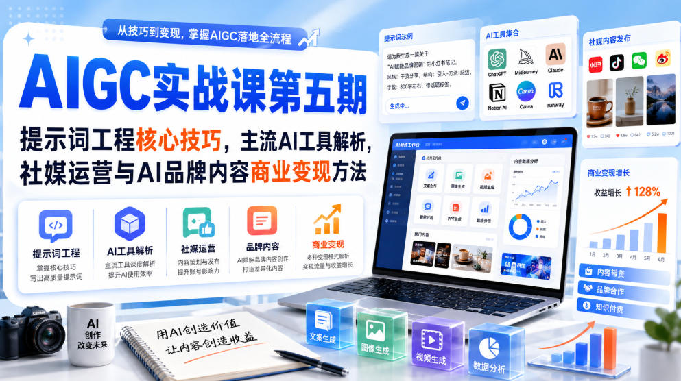 刺猬星球·AIGC实战课第五期,提示词工程核心技巧,主流AI工具解析,社媒运营与AI品牌内容商业变现方法-旺仔资源库