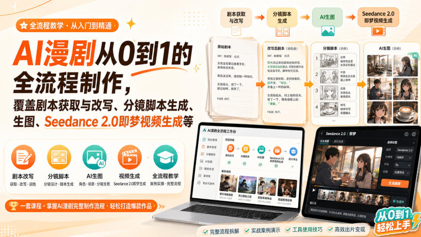 AI漫剧从0到1的全流程制作,覆盖剧本获取与改写、分镜脚本生成、角色场景生图与三视图、Seedance 2.0即梦视频生成(PDF版)-旺仔资源库