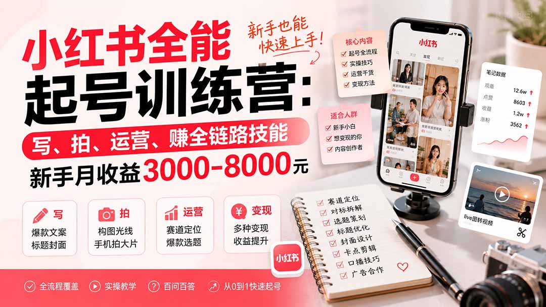 小红书全能起号训练营-更新：写、拍、运营、赚全链路技能，新手月收益3000-8000元-旺仔资源库