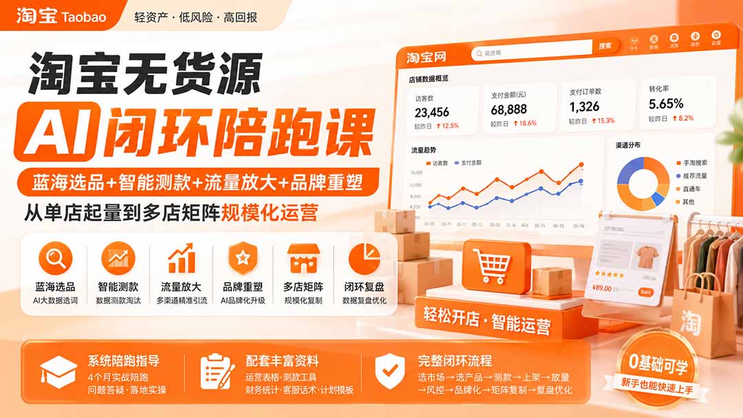 淘宝无货源AI闭环陪跑课:蓝海选品+智能测款+流量放大+品牌重塑,从单店起量到多店矩阵规模化运营-我爱发帖