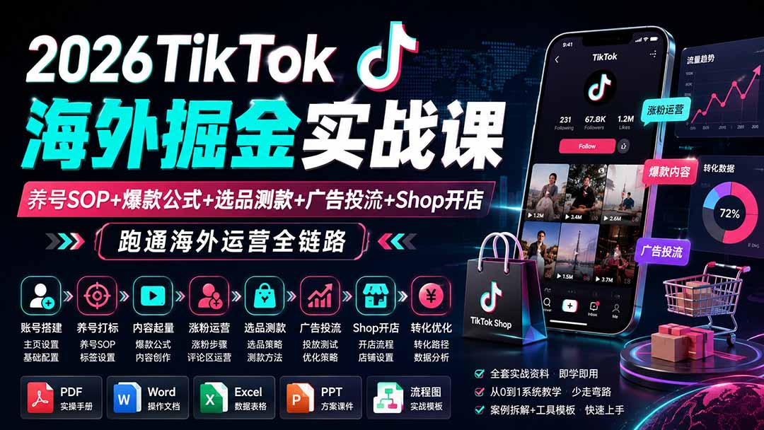 2026TikTok海外掘金实战课——养号SOP+爆款公式+选品测款+广告投流+Shop开店，跑通海外运营全链路-旺仔资源库