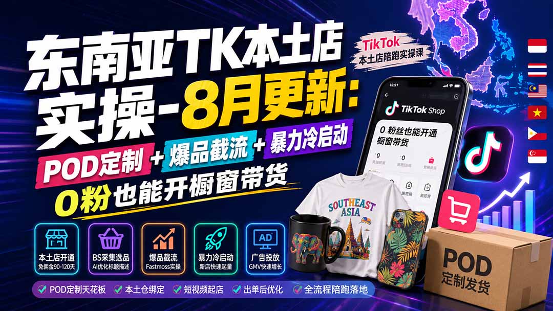 东南亚TK本土店实操-8月更新：POD定制+爆品截流+暴力冷启动，0粉也能开橱窗带货-旺仔资源库