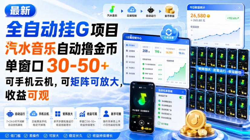 最新全自动挂G项目，汽水音乐自动撸金币单窗口30-50+，可手机云机，可矩阵可放大，收益可观-旺仔资源库