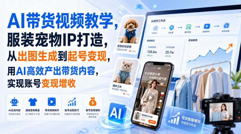AI带货视频教学,服装宠物IP打造,从出图生成到起号变现,用AI高效产出带货内容,实现账号变现增收-我爱发帖